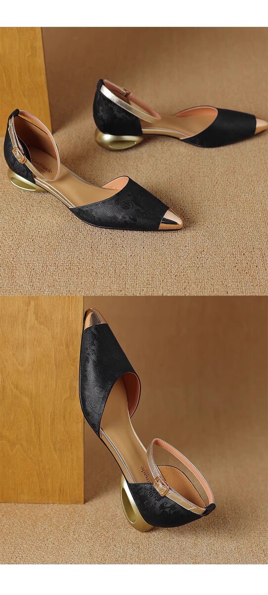 Sandal nữ quai ngang bít mũi mũi nhọn kim loại gót thô 3cm phối cùng áo dài — Màu be, màu đen, Xanh lá cây