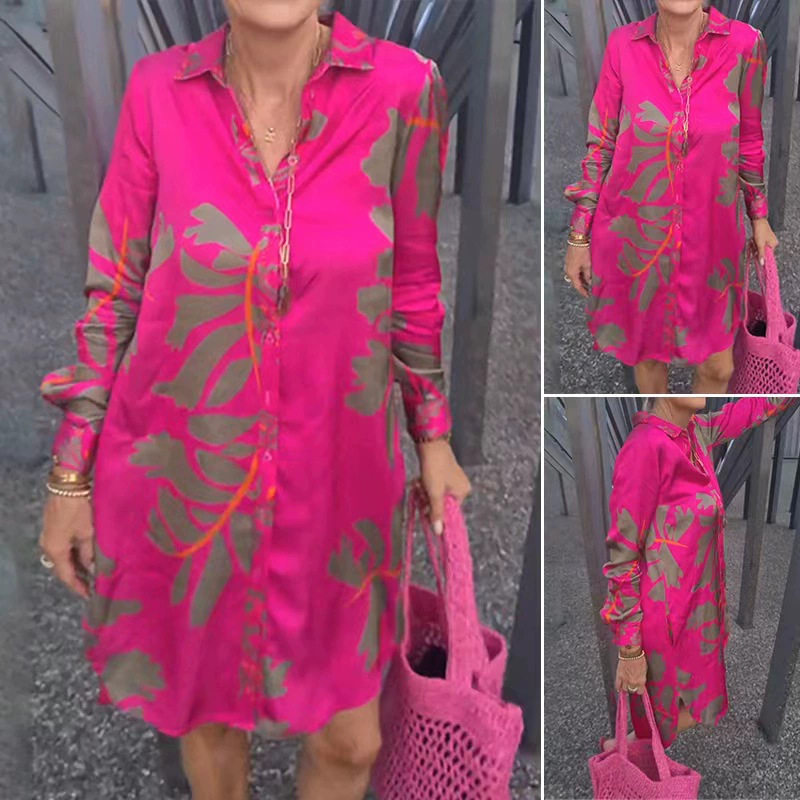 Womens Long Sleeve Floral Print V Neck Bell Sleeve Shirt Dress Mid Length Trendy Design Perfect for Casual Outings