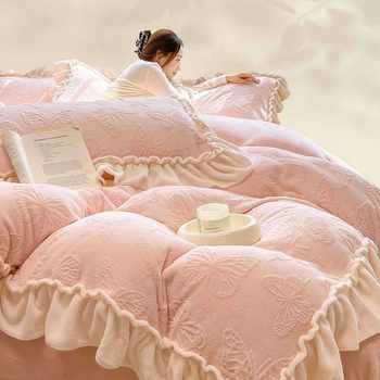 High-End Thickeneded Class a Milk Velvet Four-Piece Set with Carved Winter Double-Sided Coral Velvet Quilt Cover Bedding and Fitted Bed Sheets 4
