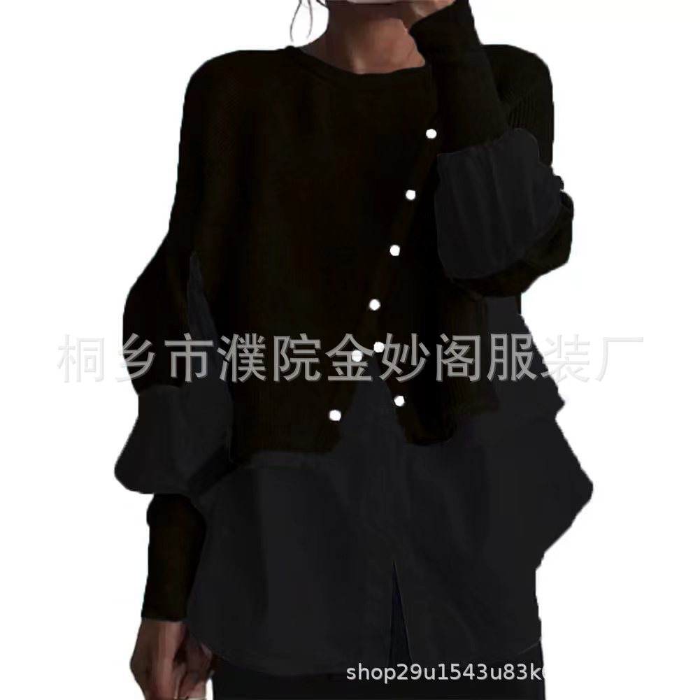 欧洲站跨境春秋新款针织毛衣亚马逊衬衫拼接假两件气质外穿女装