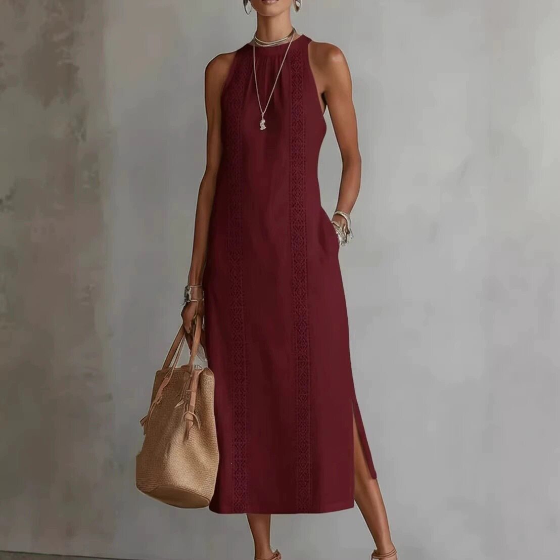 Summer Womens Dress Loose Fit Solid Color Waist Defined Long Length Beach Vacation Style Wholesale Available