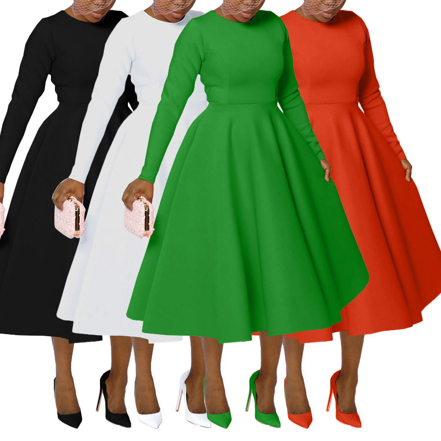 Elegant Solid Color Round Neck Long Sleeve Blade Back Swing Dress