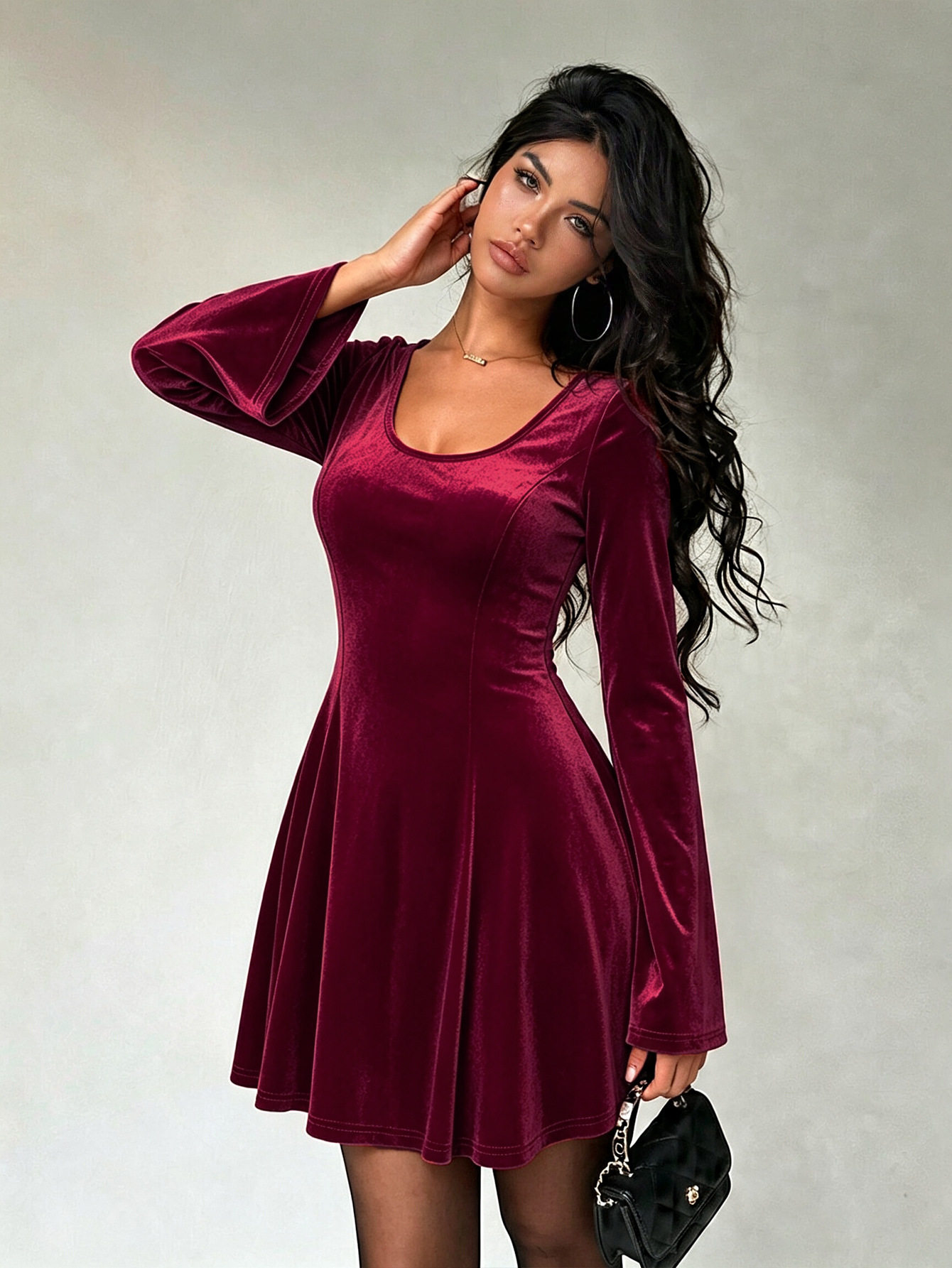 Velvet U Neck Dress for Women Back Tie Slim Fit Flared Sleeves A Line Short Skirt Elegant Evening Wear Wholesale