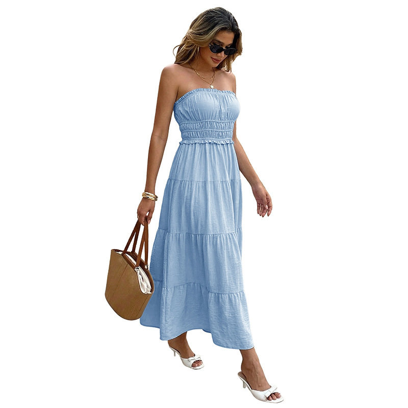 Blue Strapless Maxi Cake Dress Fresh Vacation Style Perfect for Summer Events Wholesale Available
