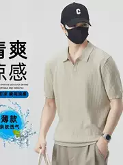 New Summer Ice Silk Thin Breathable Old Money Style Spread Collar Short Sleeve Knit Shirt for Men Trendy T-Shirt