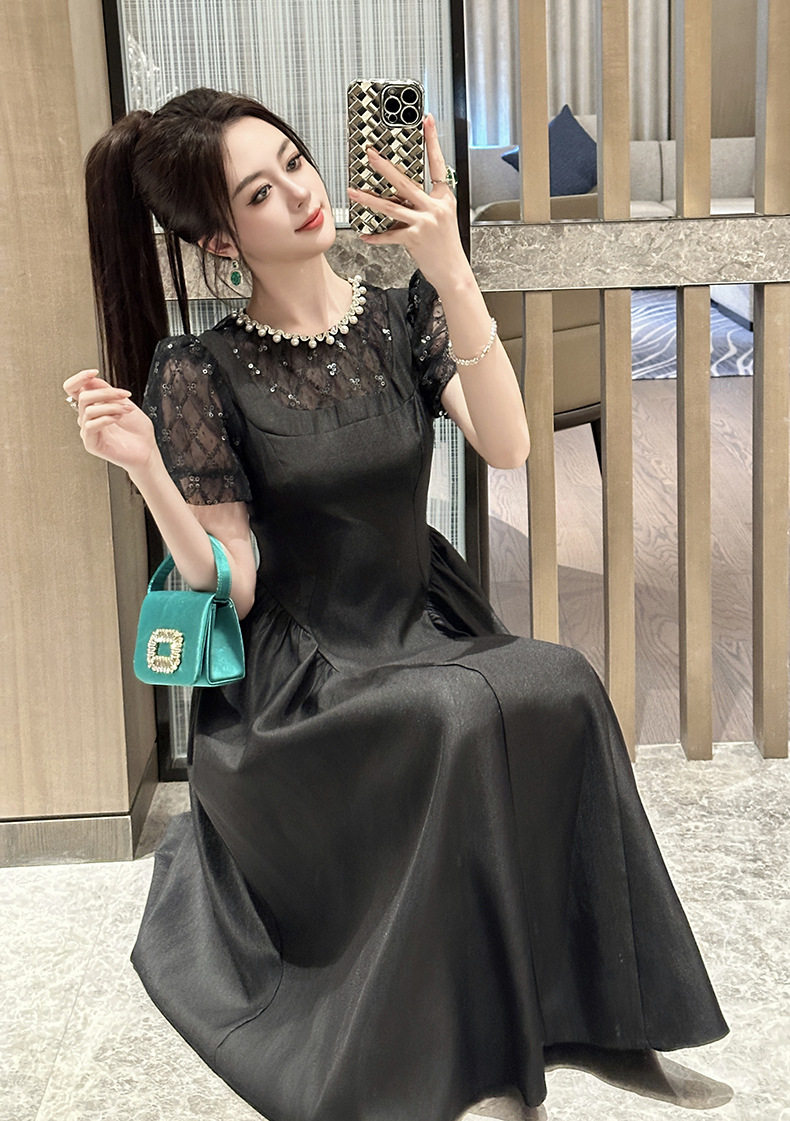 Đầm suông nữ midi tay bồng cổ tròn eo thắt dây phong cách cổ điển 2025 — [Màu đen] chi tiết 1