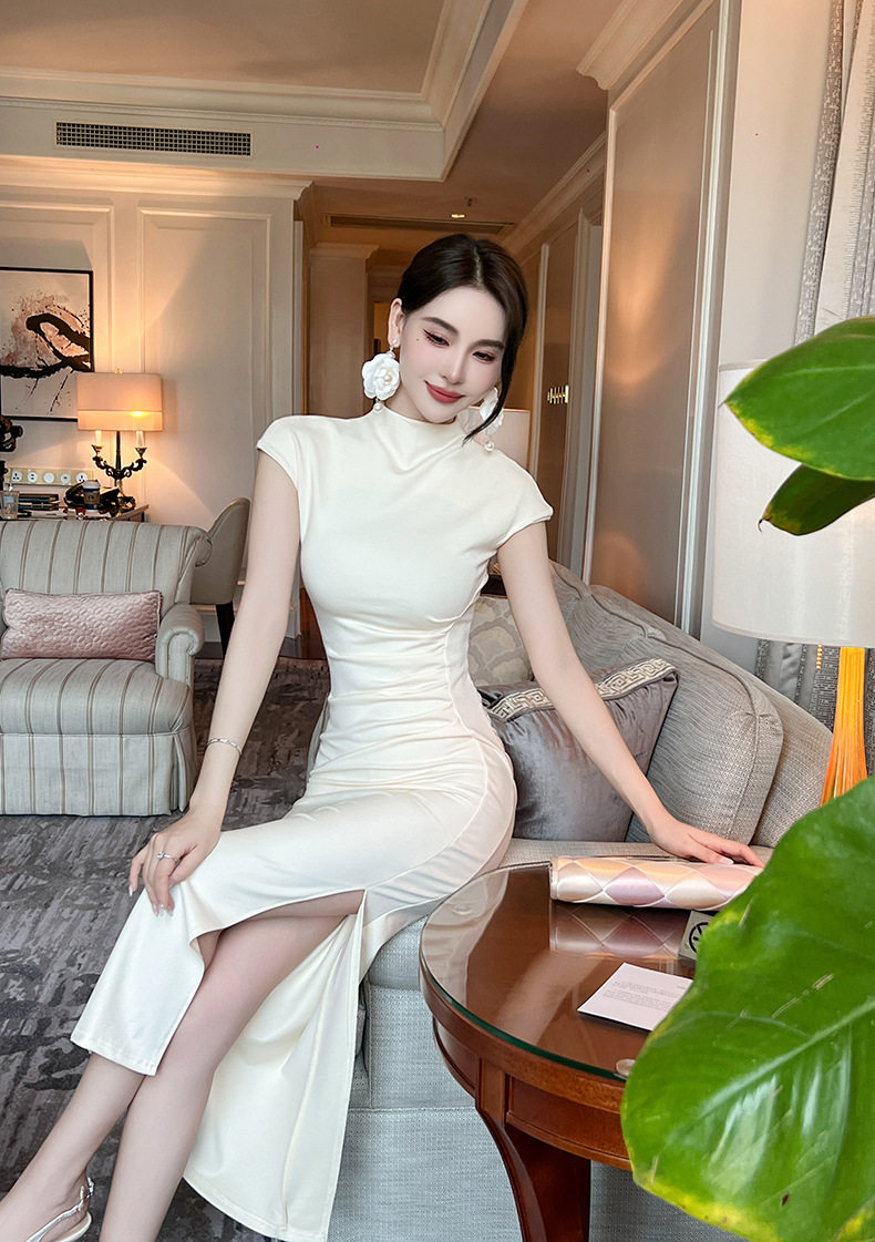 Đầm ôm body nữ cổ cao dáng dài mùa hè — [杏色], [黑色], [茶色], [红色] chi tiết 1