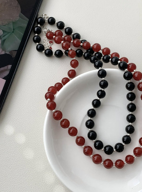 黑红玛瑙项链S925银锁骨链女