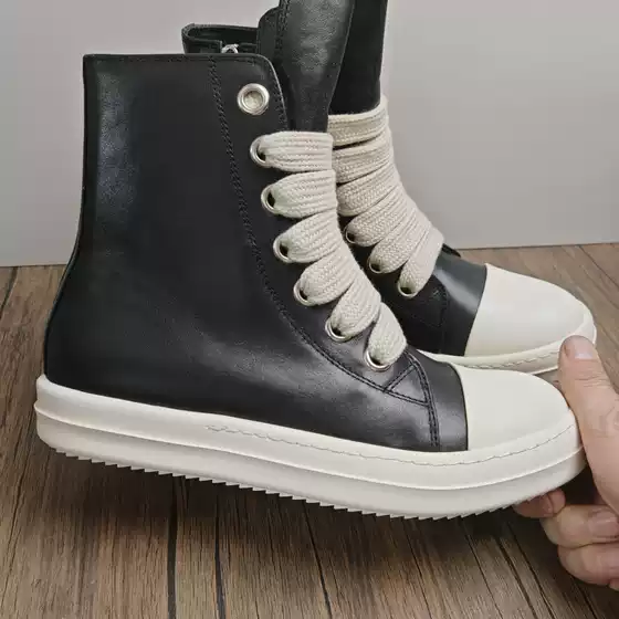 In-Stock Thick Shoelaces, Dark High-Top Sneakers, Versatile for Men and Women, Genuine Leather, Thick-Soled Height-Increasing Shoes, New High Street Style