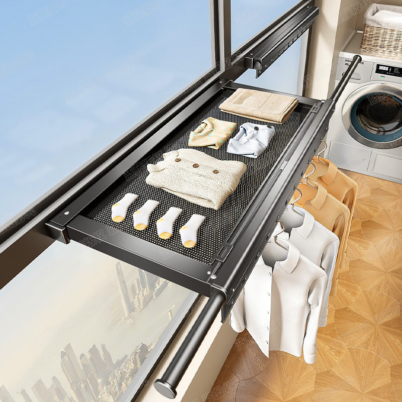 Suction Cup Clothes Drying Rack for Balcony, Wall-Mounted, No-Drill, Indoor Household Invisible Retractable Clothes Rod for Drying Quilts