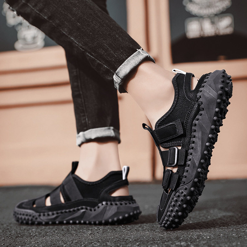 Dép Sandal Nam Da Bò Quai Dán Thoáng Khí Chiều Cao Đế Khoảng 3cm Màu Đen, Be