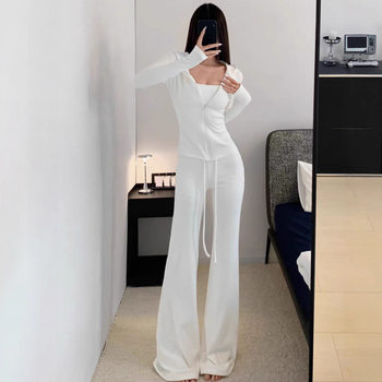 2025 New Autum Style Comfortable and Simple Tight-Fitting Waist Single-Breasted Top Drawstring Straight Pants Two-Piece Set