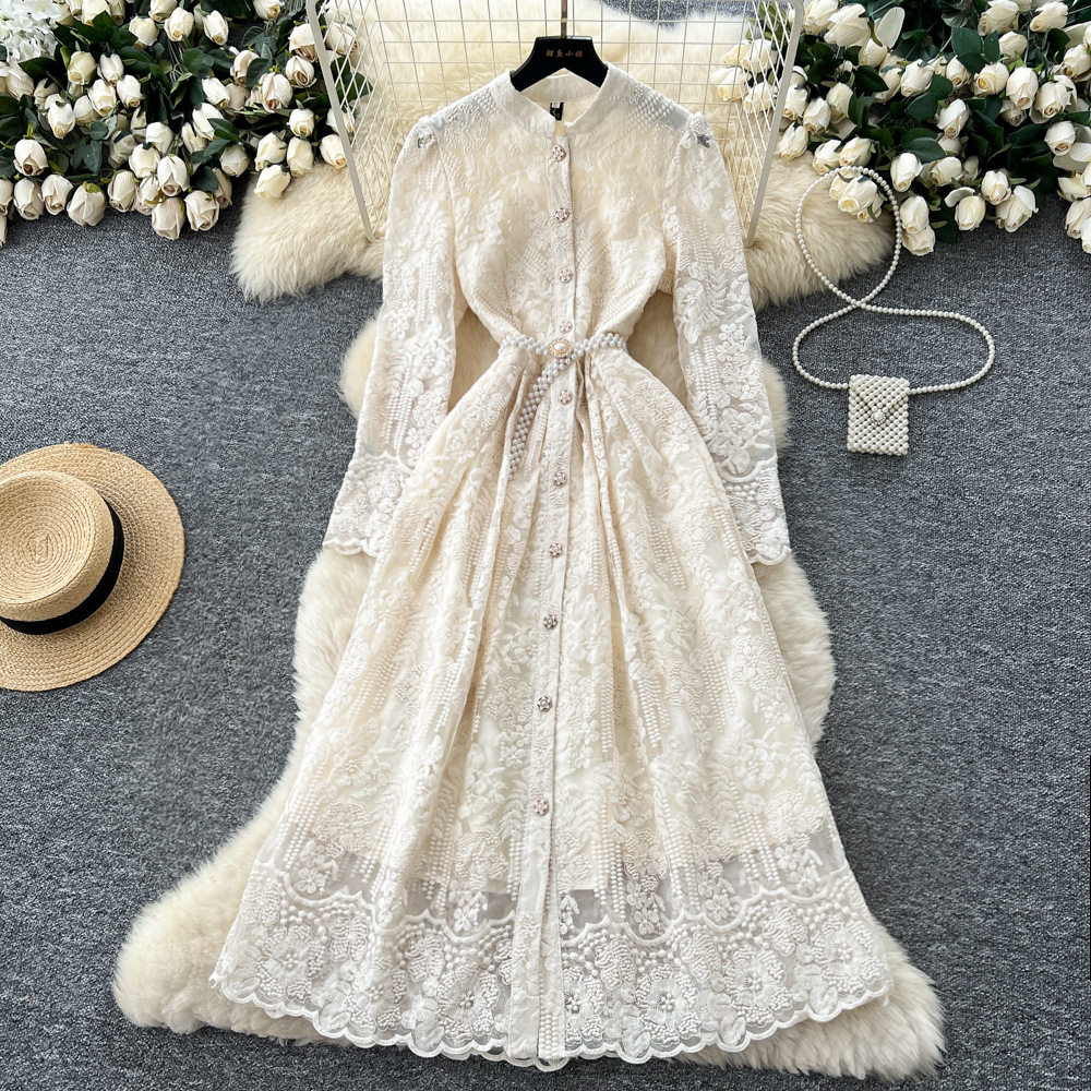 Elegant French High End Womens Dress Embroidered Button Down Waist Tie Long Mesh Skirt Autumn Collection