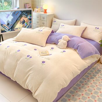 Cartoon Embroidered Milk Velvet Bed Four-Piece Set Double-Sided Thickeneded Kidsren's Coral Flannel Quilt Cover Bed Sheets Three-Piece Set