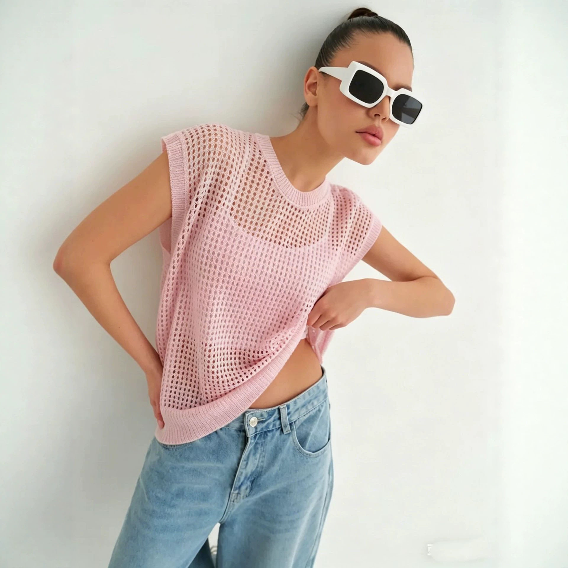 Lace Knit Sweater Vest Lightweight Sheer Round Neck Spring Summer Fall Fashion Wholesale Available