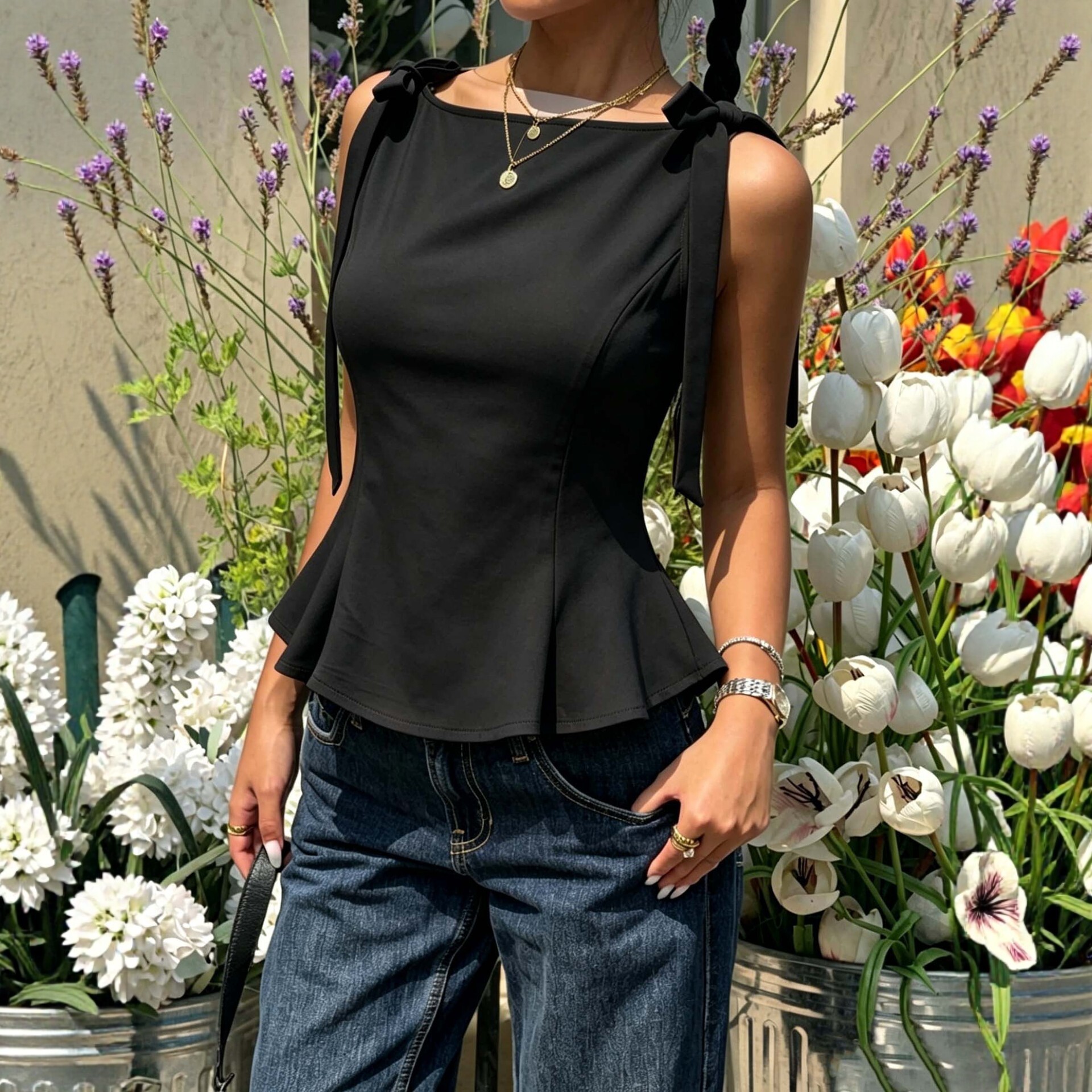 Sleeveless Blouse Bow Tie Waist Ruffled Hem Slim Fit Summer Casual Wear for Women Wholesale Available