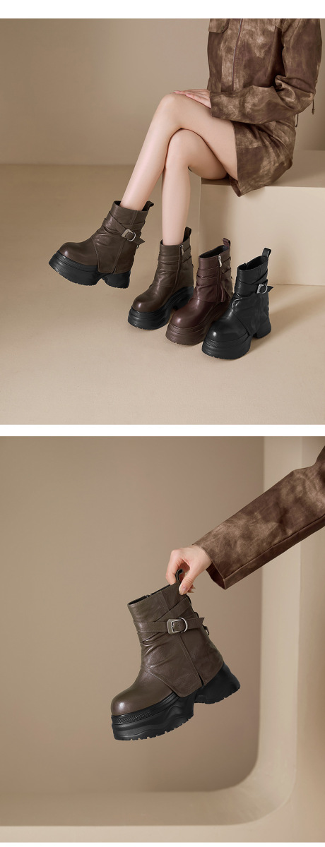 Boot nữ cổ thấp tăng chiều cao 12cm đế dày khóa kéo bên hông — Kaki lót đơn, Lớp lót đơn màu đen, Lớp lót đơn màu nâu, Lót nhung đen