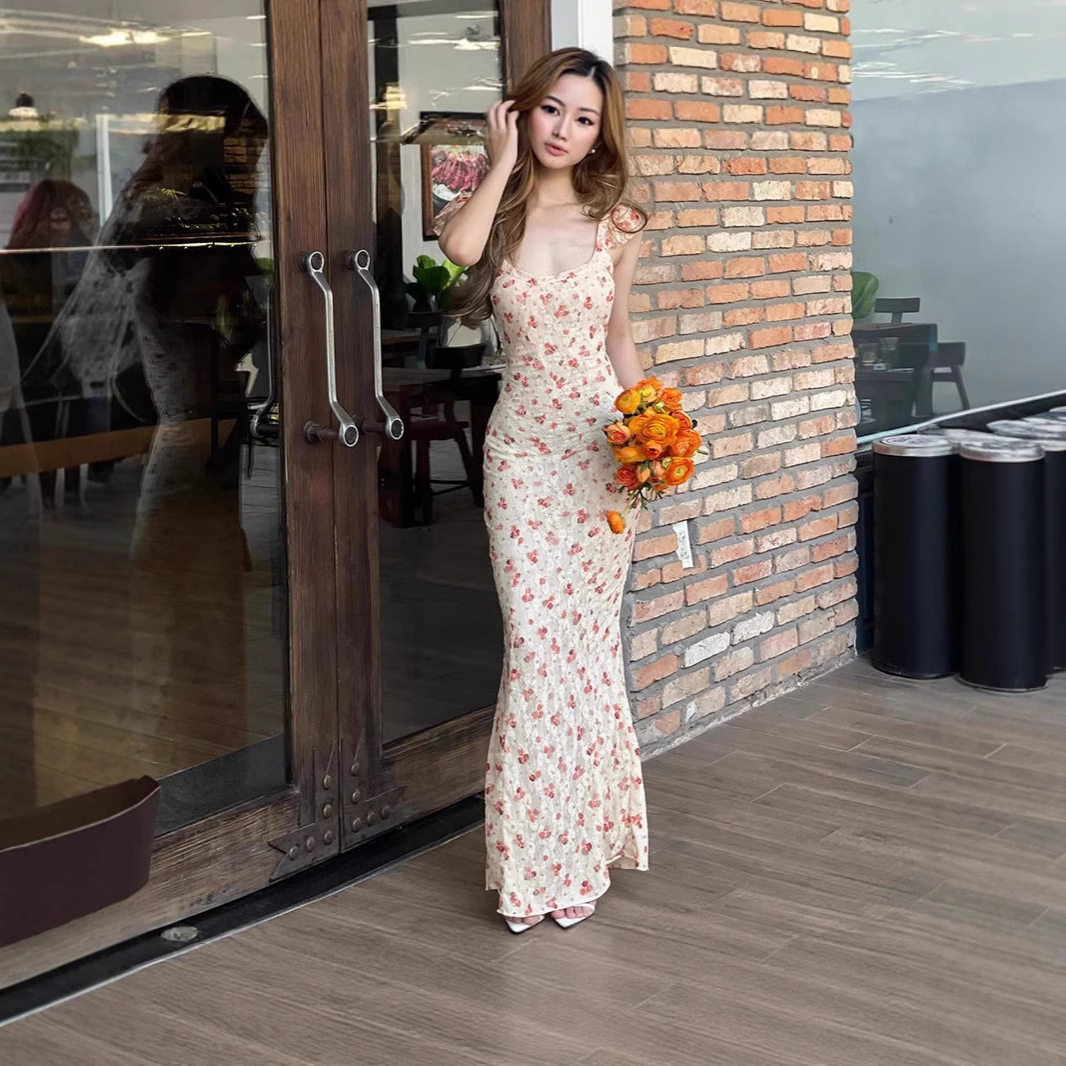 Retro Square Neck Rose Backless Dress Sweet and Spicy Style Autumn Collection Wholesale Available