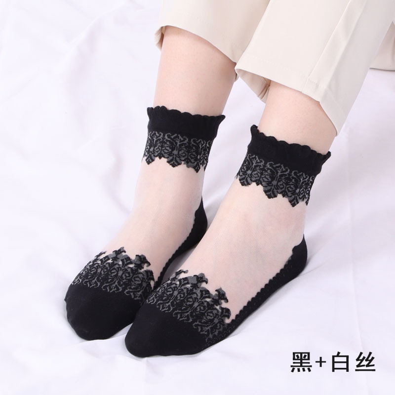 春季薄款中筒袜棉底玻璃丝袜子女蕾丝花边短款袜子防滑透气水晶袜