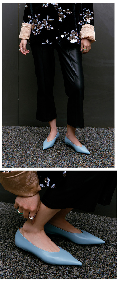 Giày cao gót nữ mũi nhọn gót thô 3cm da bò thật, giày slip-on thanh lịch dễ phối đồ — Chu Guli, Màu trà sữa, màu xanh mờ