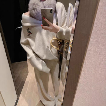 Tb Lazy Style Casual Suit Loose Slimming Look V Neck Knitted Sweater Women's Elastic Waist Wide Leg Pants Two-Piece Trendy Set