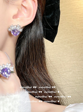 璀璨葡萄紫石爱心项链 设计师镀18K金爱心丝带锆石镶嵌耳环戒指