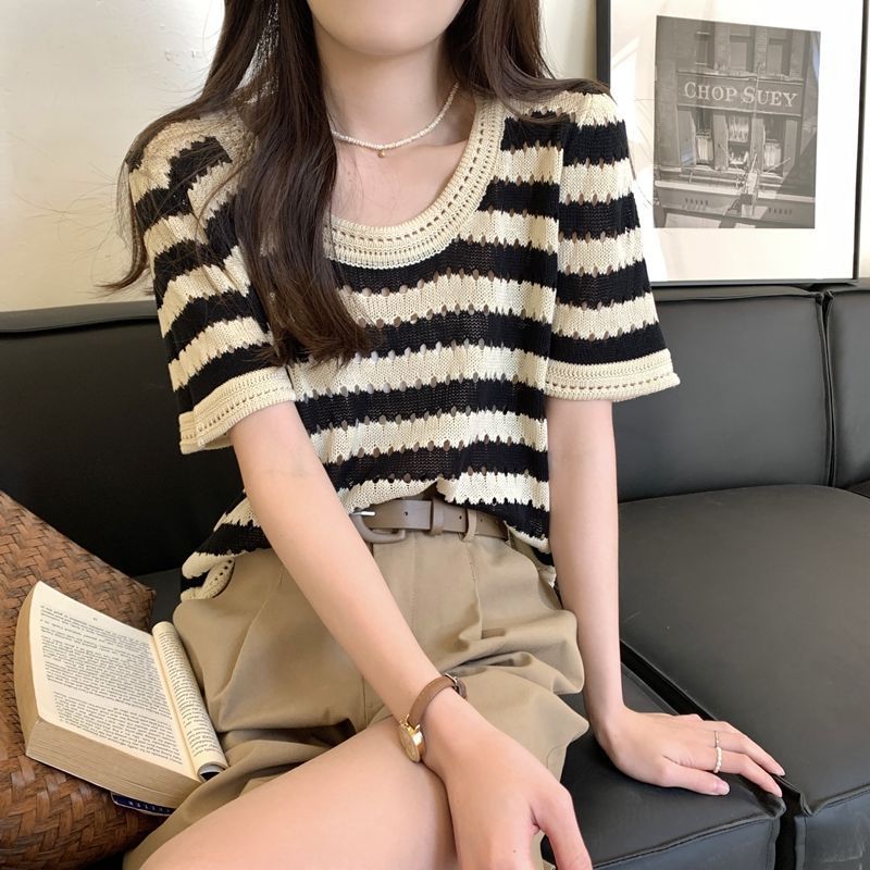Vintage Striped Short Sleeve T Shirt Womens Summer Knit Top with Hollow Design Casual Wear for Everyday Use OEM