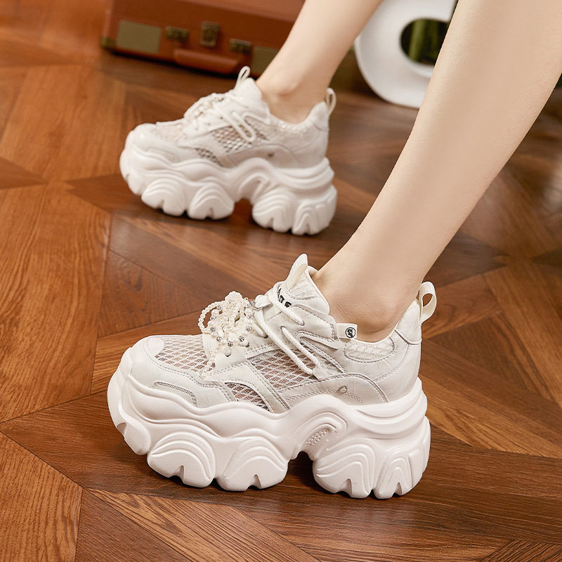Giày sneaker nữ chunky đế dày thoáng khí mùa hè — Bạc, Trắng