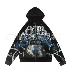 2025 Cross-Border European and American Retro Printed Rhinestone Youth American-Style Trendy Brand Zipper Sweatshirt Jacket for Young Men and Women