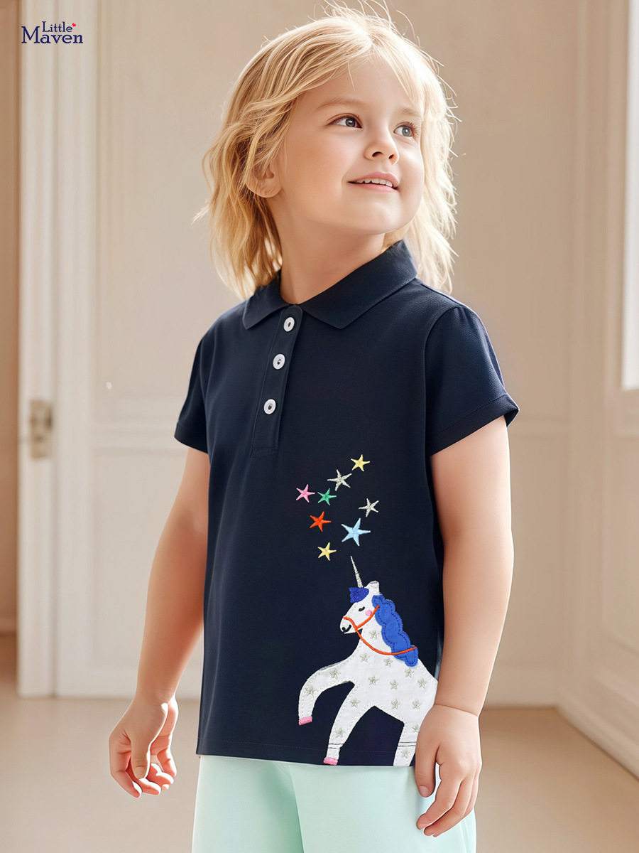 Girls' Summer Cotton Applique Short-Sleeve Polo Shirt, Trendy Top