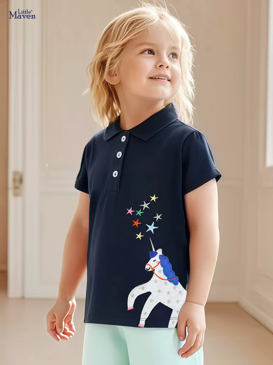 Girls' Summer Cotton Applique Short-Sleeve Polo Shirt, Trendy Top