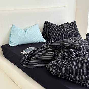 Japanese Style Simple Striped Student Dormitory Bedclothes Bedding Cotton Yarn-dyed Washed Cotton Three Four-piece Set