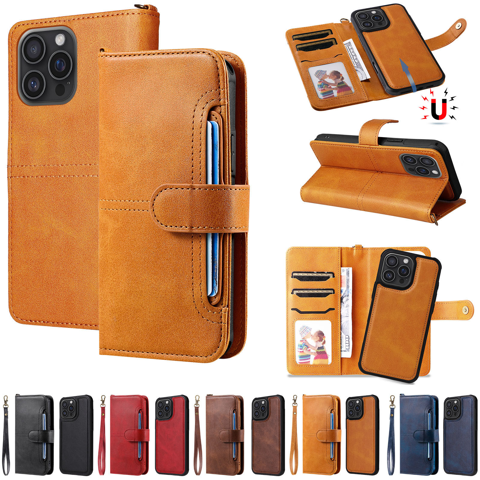 Suitable for iPhone 17 Pro Anti-Fall Two-In-One Phone Leather Case, Apple 16 Card Holder Stand, Samsung S25 Protective Case