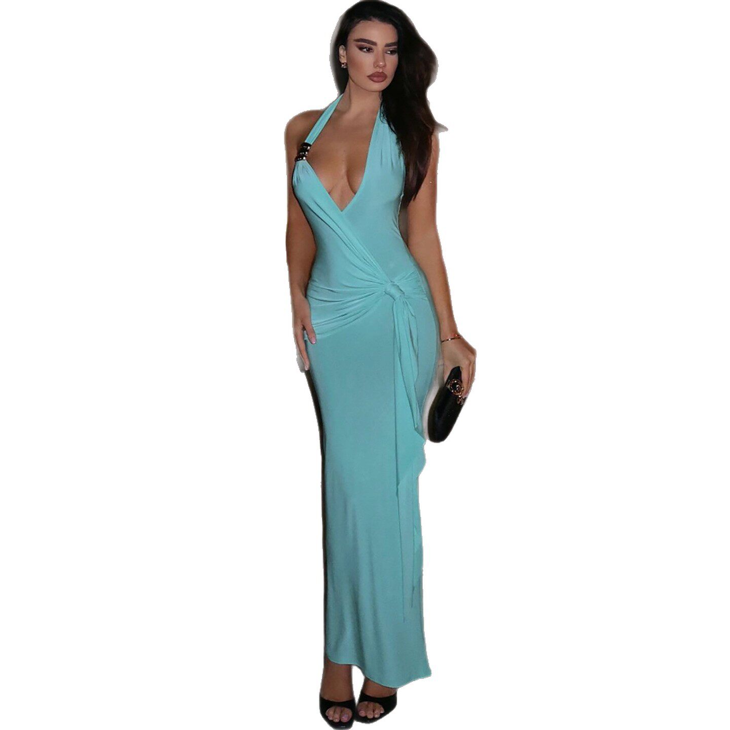 Summer Womens Dress Solid Color Pleated Sexy Deep V Neck Halter Backless Bodycon Style Perfect for Parties