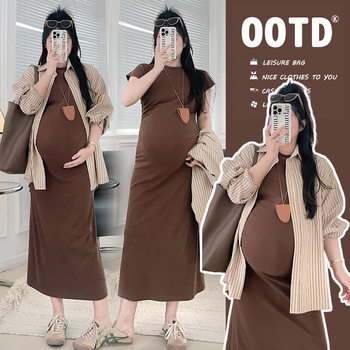 Maternity Summer Suit 2025 New Korean Style Slim Cotton Short-Sleeved Dress Stripesd Shirt Women's Two-Piece Set