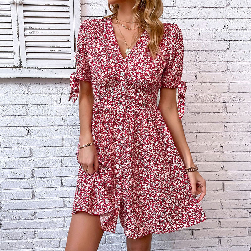 V Neck Floral Print Short Split Dress Summer Style Womens Casual Wear Wholesale Available private label