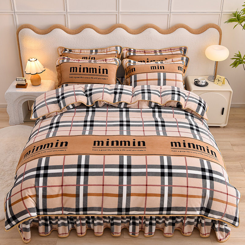Class a Thickeneded Milk Velvet Four-Piece Autumn and Winter Cartoon Bed Skirt Quilt Cover Double-Sided Coral Velvet Bed Three-Piece Quilt Cover
