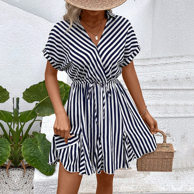 Ruffled Hem Striped Dress Waist Adjustable Shirt Collar Versatile Design Perfect for Casual Outings Wholesale