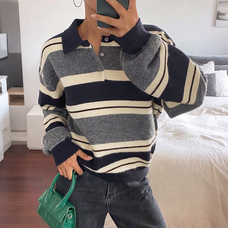Korean Style Loose Striped Knit Sweater for Women Soft Fabric Elegant Collar Cozy Fit Perfect for Fall and Winter
