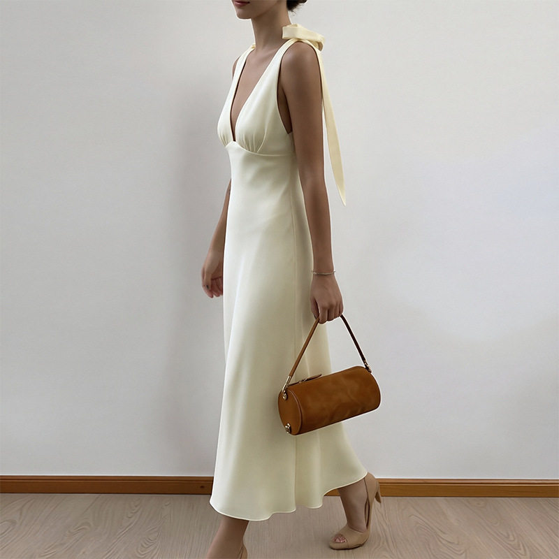 Womens Spring Dress Elegant Solid Color Slim Fit Tie Detail Perfect for Casual or Formal Occasions Wholesale