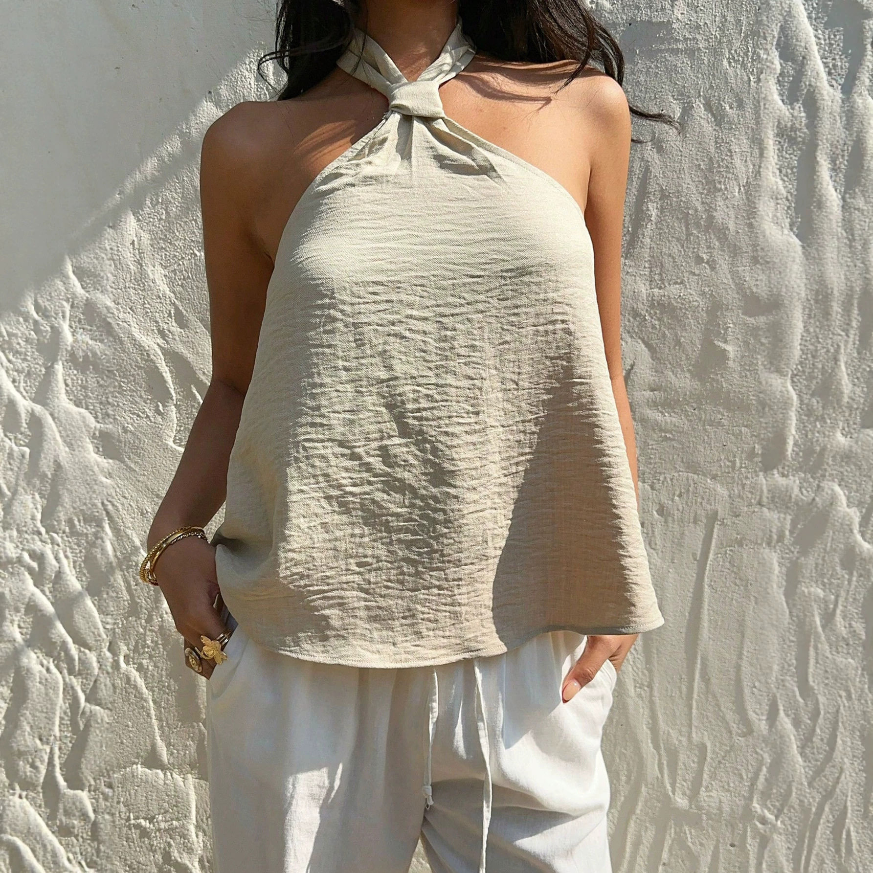 Summer Womens Halter Neck Tank Top French Vintage Style Loose Fit Backless Design Casual Wear Wholesale Available