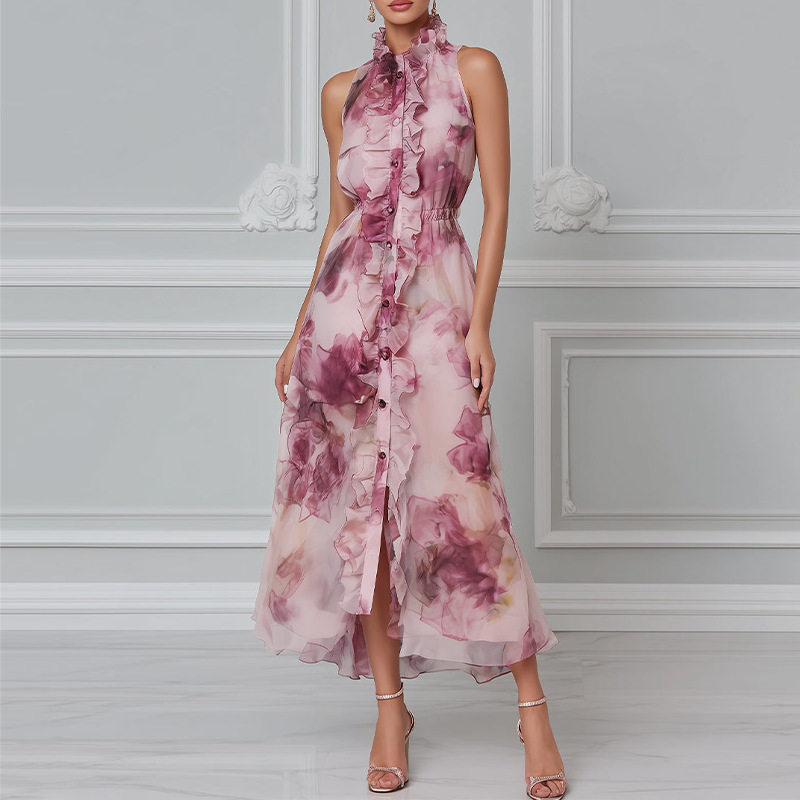 Elegant Floral Sleeveless Waist Defined Dress Spring Collection Womens Fashion Perfect for Casual or Formal Occasions