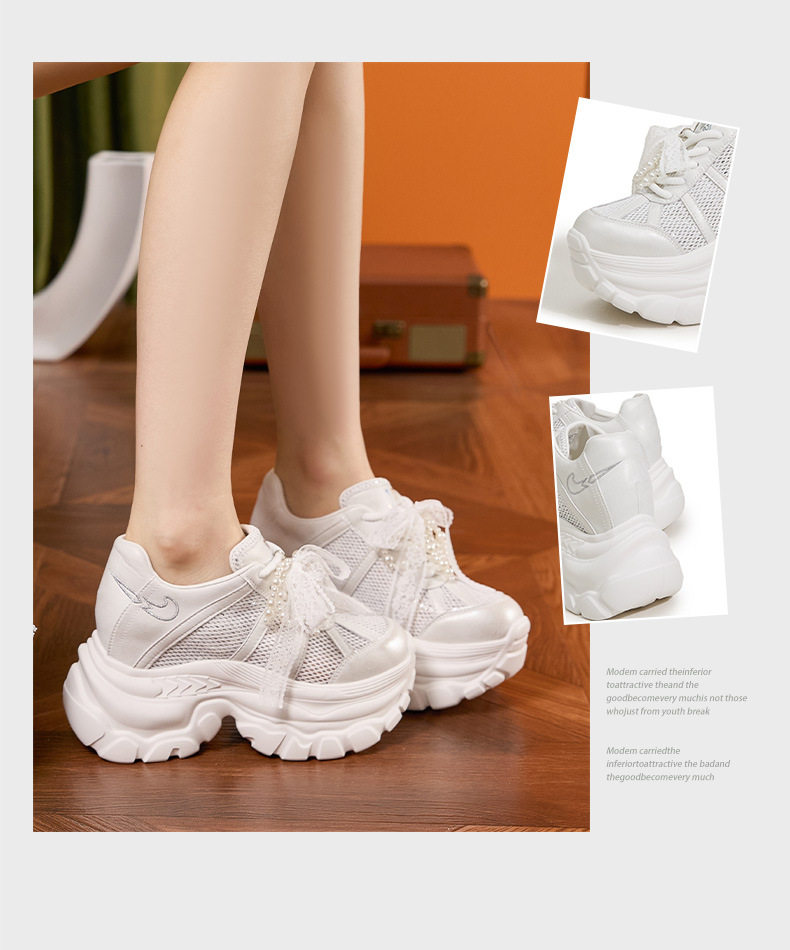 Giày sneaker nữ đế dày chunky phong cách đa năng, cổ thấp, lưới thoáng khí — Trắng, Bạc chi tiết 2
