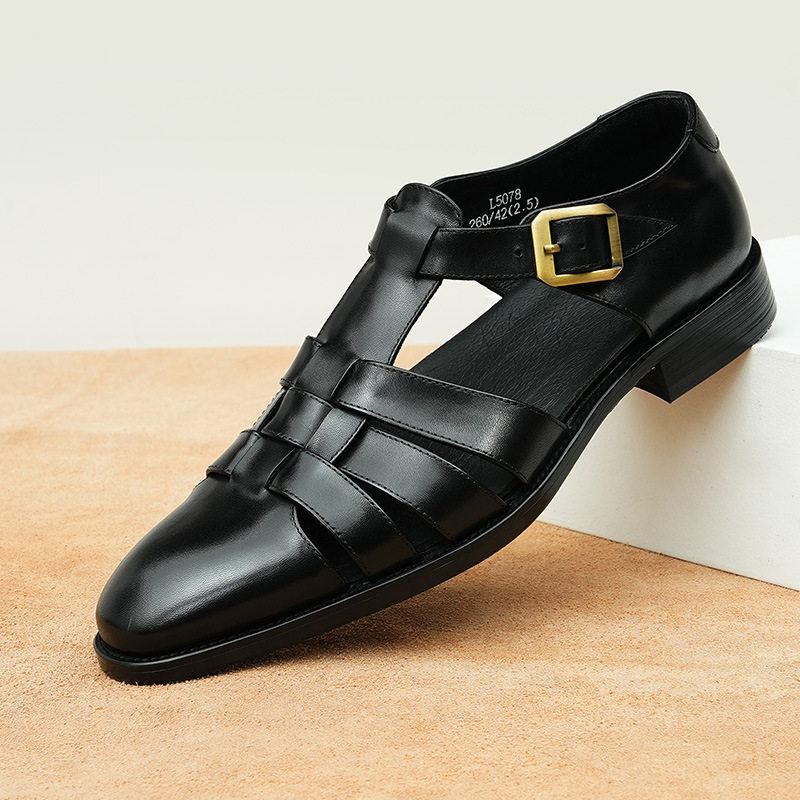 Giày Sandal Rọ Nam Da Thật Phong Cách Retro Chiều Cao Đế Khoảng 2cm Màu Đen, Nâu
