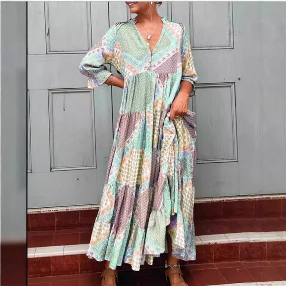 V Neck Color Block Casual Maxi Dress Summer Style Loose Fit Comfortable Fabric Wholesale Available