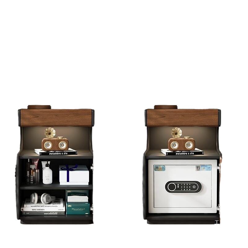 Solid Wood Mid-Century Style Bedside Table Safe Integrated Storage Cabinet Bedroom Simple Modern Bedside Cabinet with Password Lock