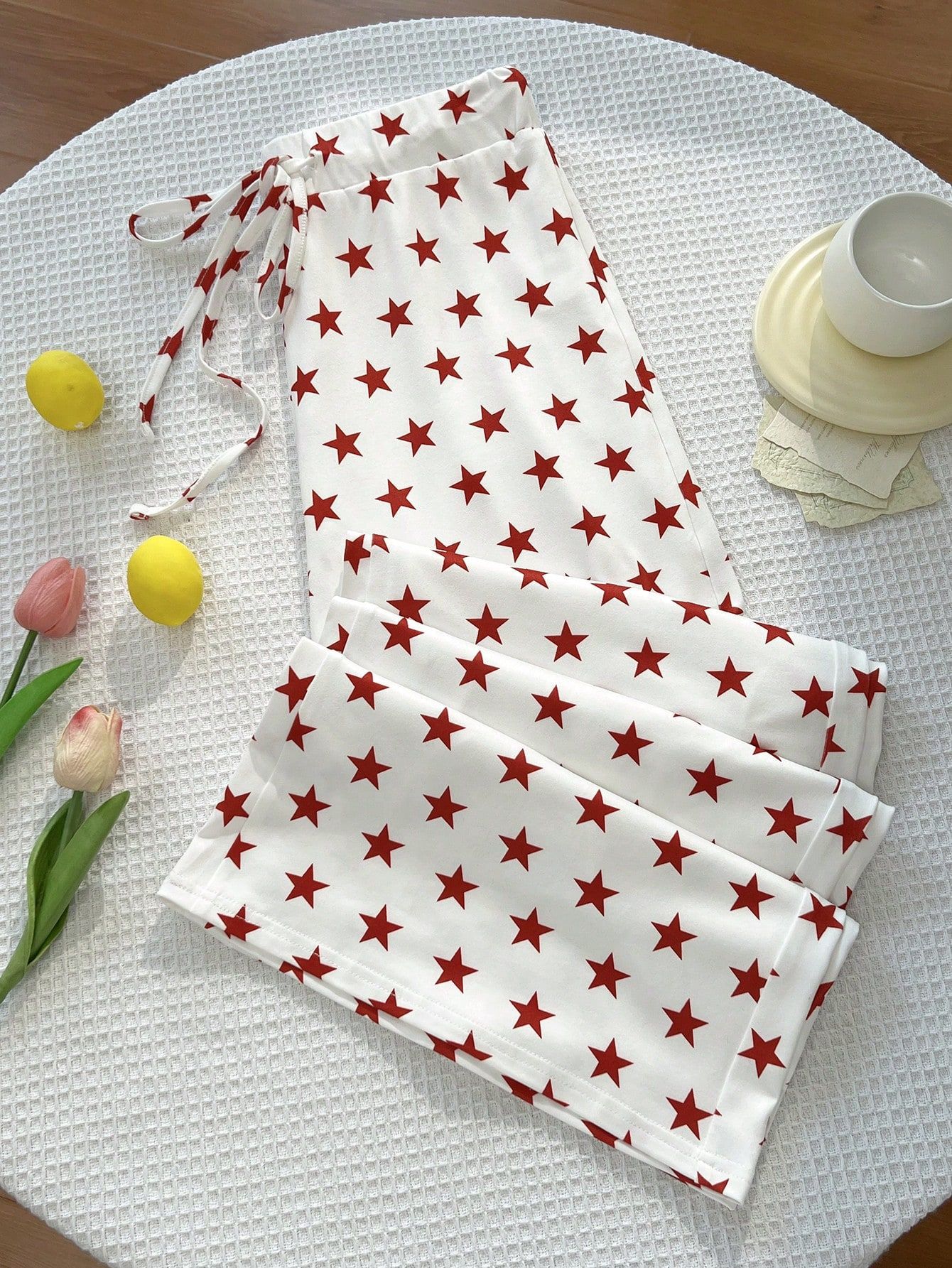 Casual Wide Leg Pants Drawstring Elastic Waist Star Print Versatile Womens Fashion Ready to Ship