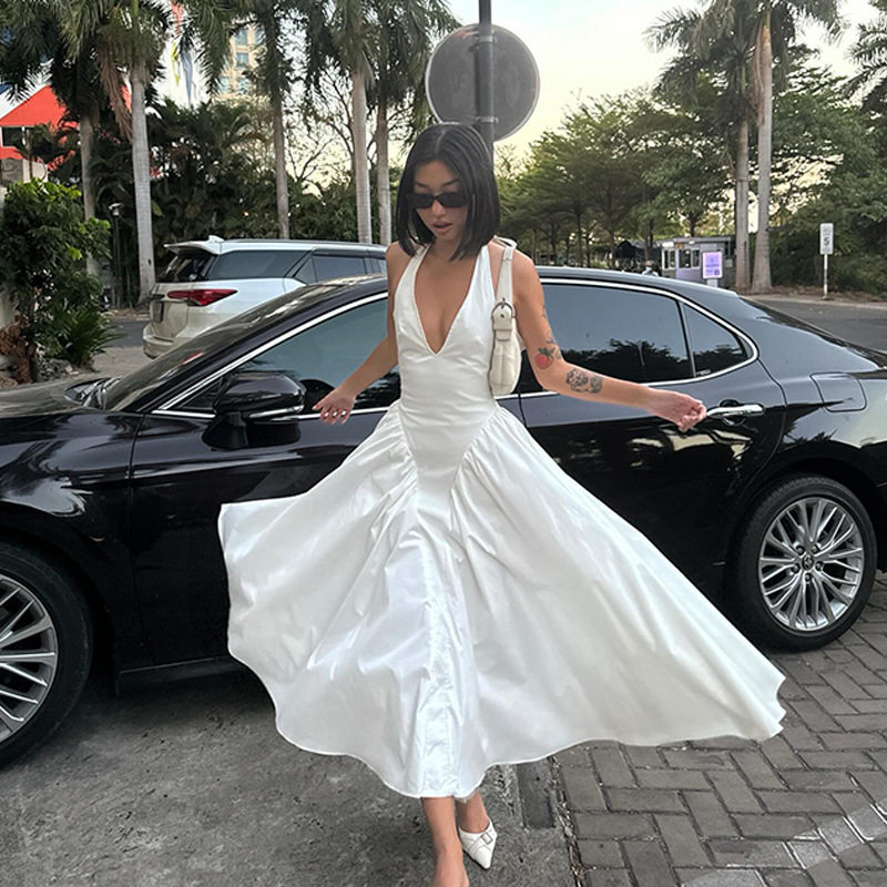 V Neck Halter Dress Sexy Slim Fit Elegant White French Princess Style for Autumn Wholesale Available