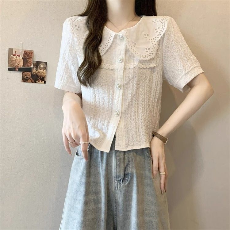 Pink Short Sleeve Doll Collar Blouse for Women Lightweight Comfortable Unique Design Summer Casual Wear Wholesale