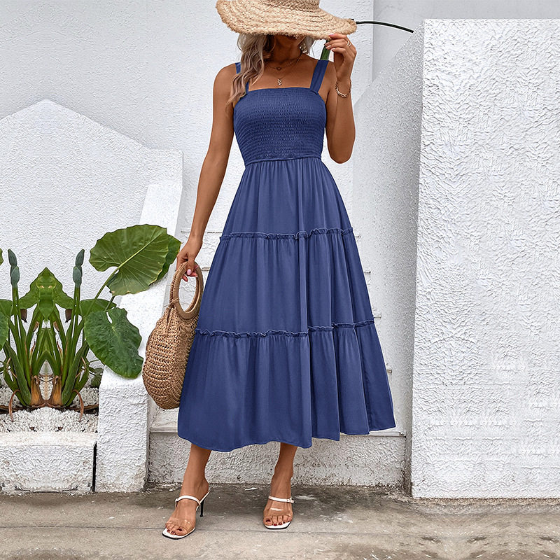 Casual Summer Dress Solid Color Adjustable Straps Waist Tie Design Beach Vacation Essential Wholesale Available